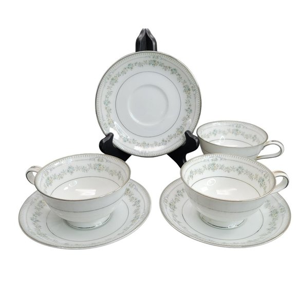 Noritake Norwood Tea Cups and Saucers Set of 3 White Silver Floral Japan Cr157 - Picture 2 of 10